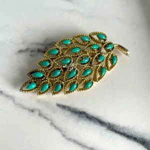 Vintage turquoise and brass leaf brooch